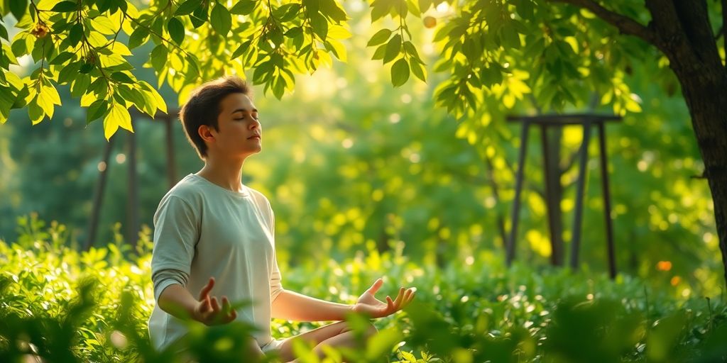 Person meditating in a peaceful natural setting outdoors.