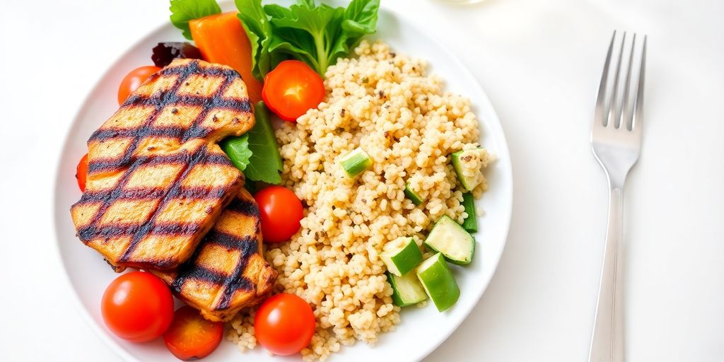 Healthy meal for one with colorful ingredients on a plate.