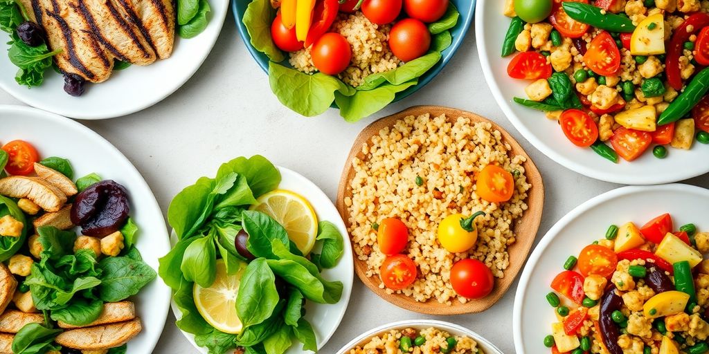 A colorful display of healthy, appealing meals.