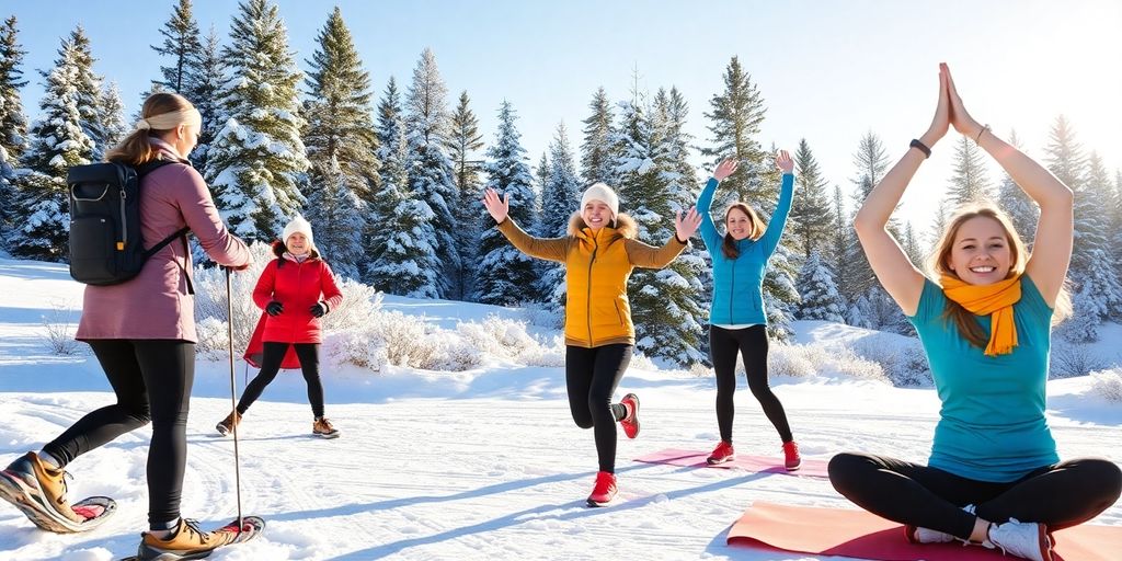 People exercising outdoors in a snowy winter landscape.