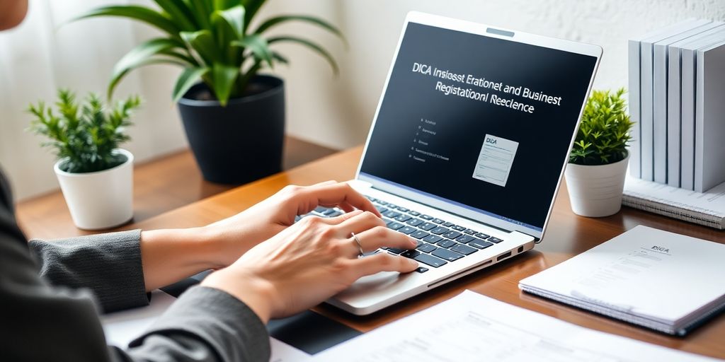 Business professional working on a laptop with documents.