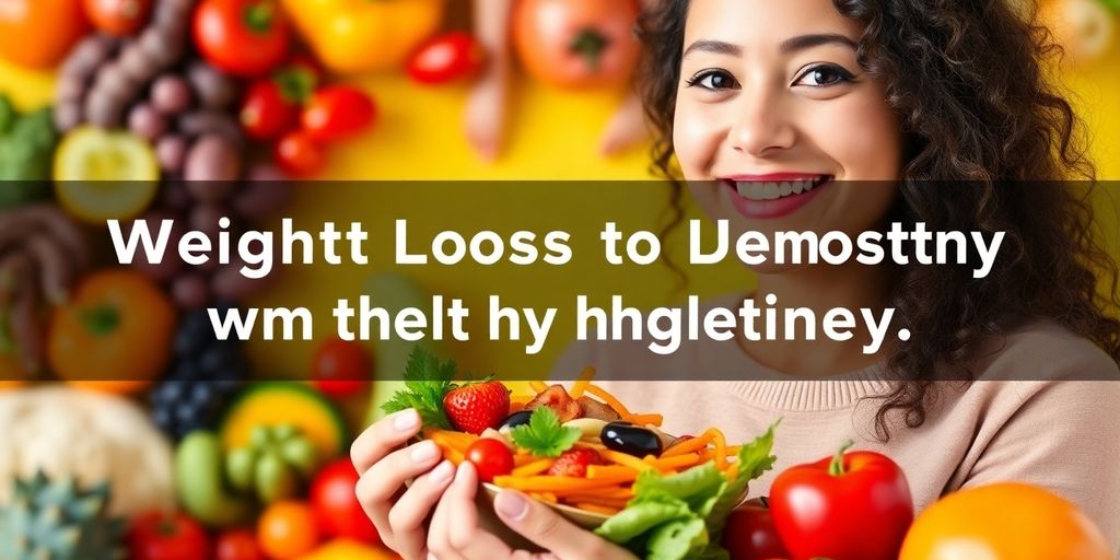 Person smiling with healthy food and colorful fruits.