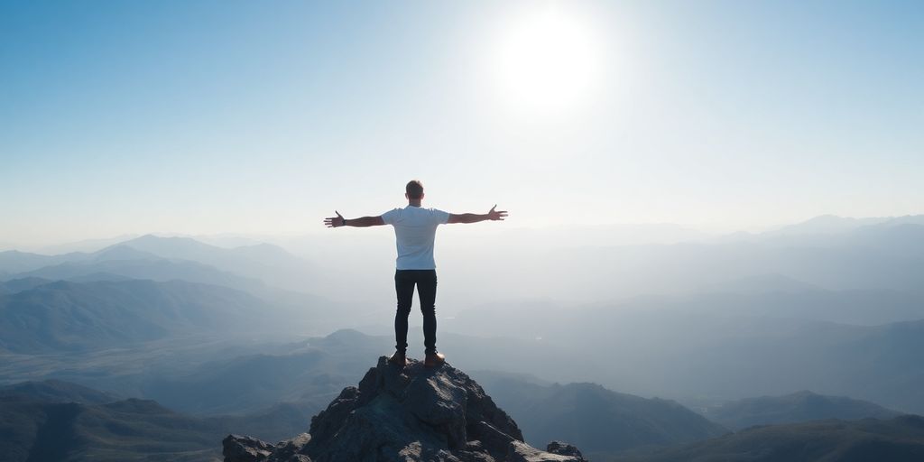 Person looking at distant mountain, overcoming adversity.