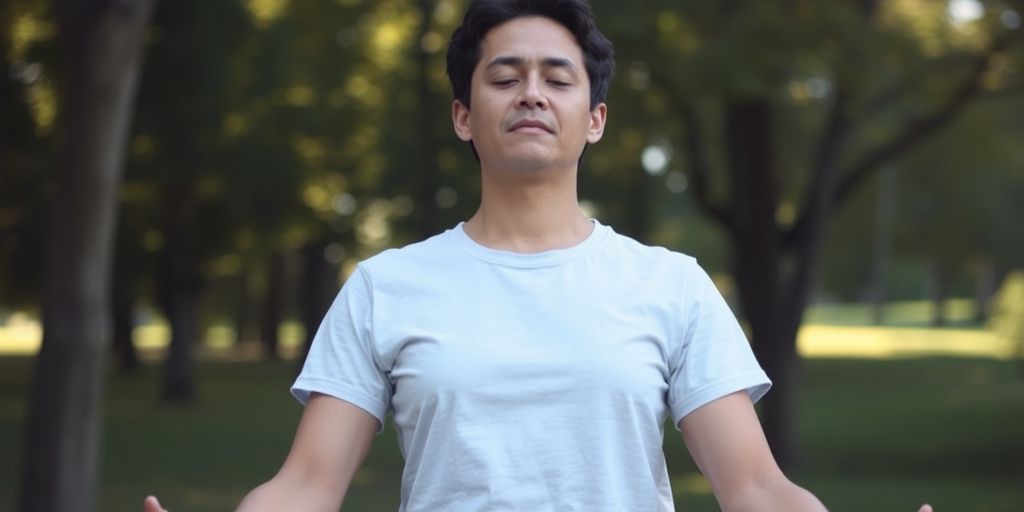 Person practicing relaxation breathing in a serene outdoor setting.