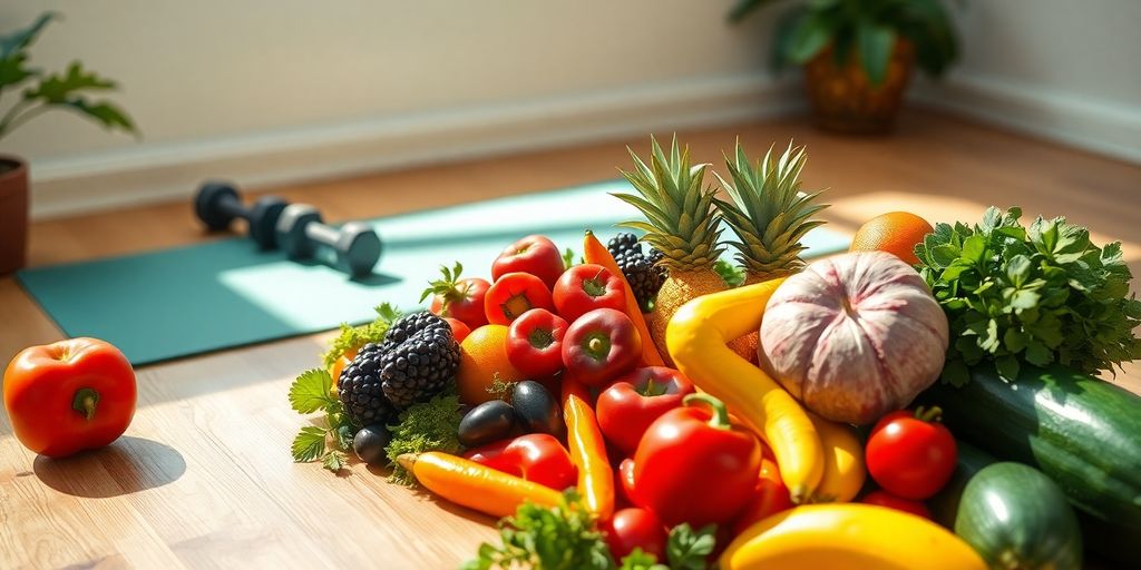 Fresh fruits, vegetables, and exercise equipment.