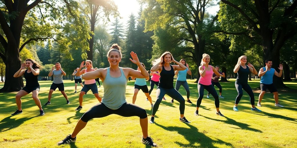 Diverse group exercising outdoors.