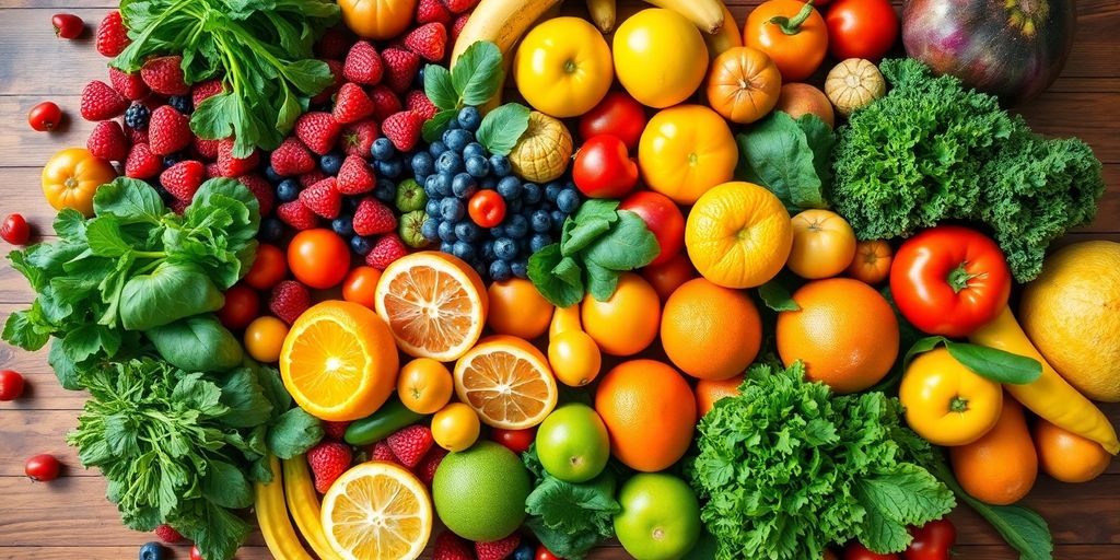 A variety of fresh, colorful fruits and vegetables.