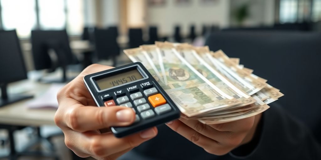 Person holding calculator and Indian rupees.