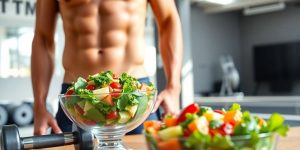 Person with toned abs, healthy food, and weights.