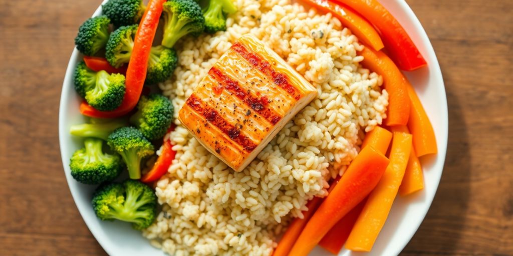 Colorful, healthy, balanced meal on a plate.