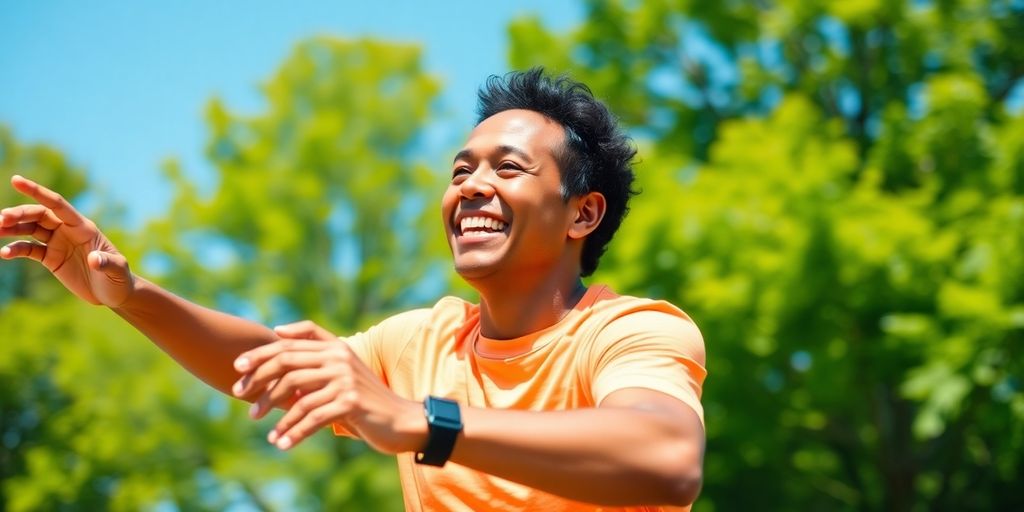 Person exercising outdoors with a bright smile.