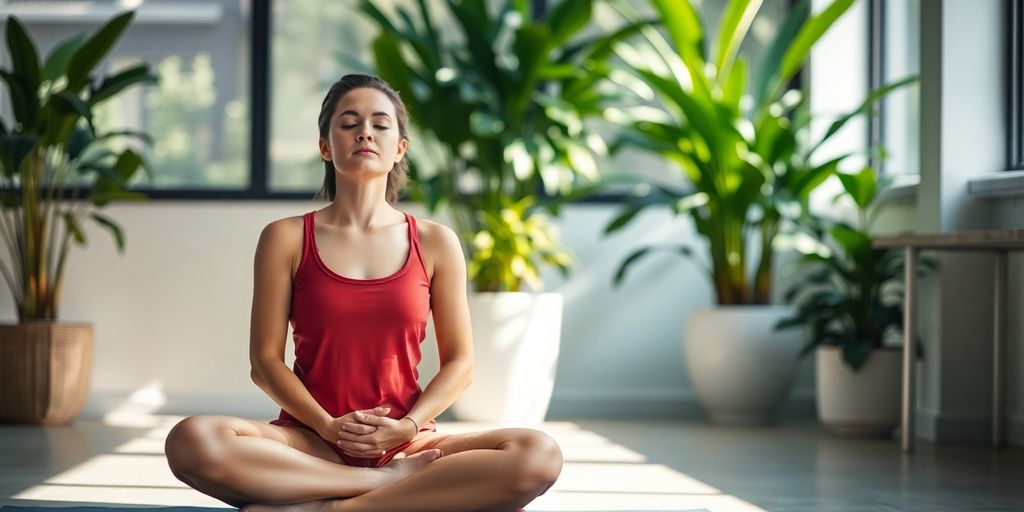 Person meditating peacefully in modern office.