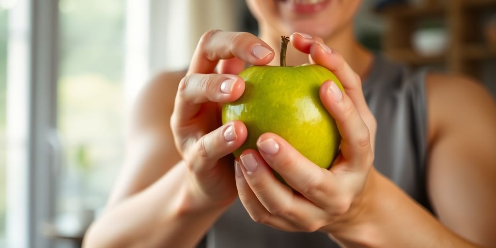 Hands gently holding a vibrant green apple in soft light.