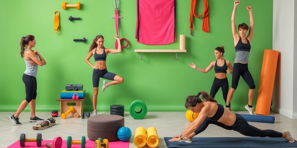 Colorful workout gear, dynamic fitness poses.