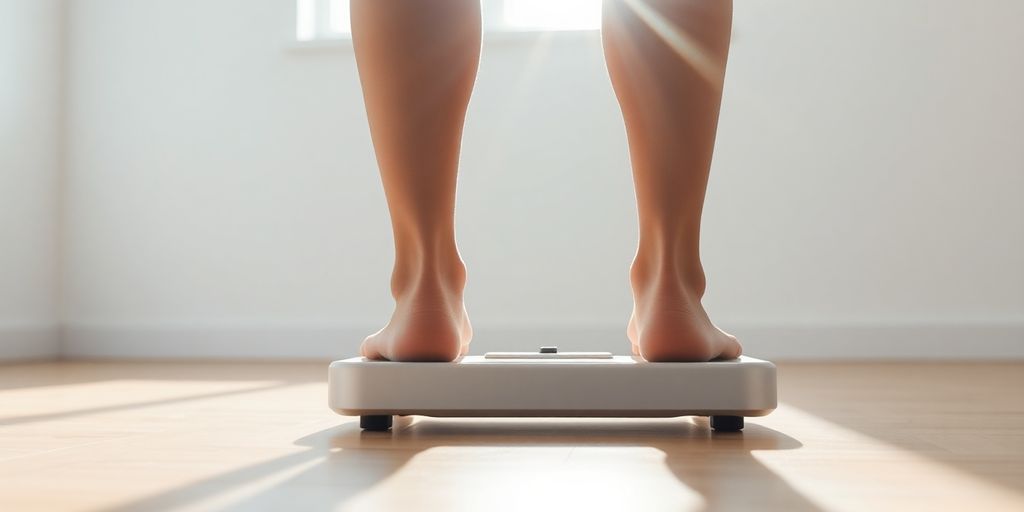 Person joyfully jumping on a scale.