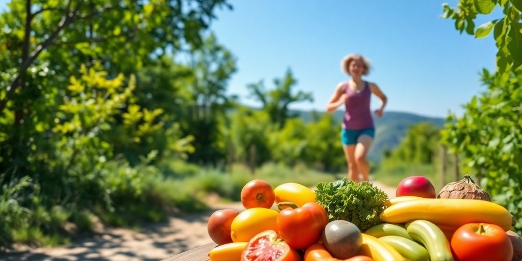 Person running outdoors with healthy food.