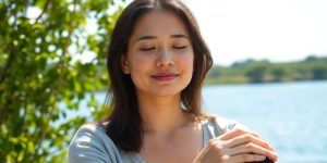 Serene person meditating outdoors, calm expression.