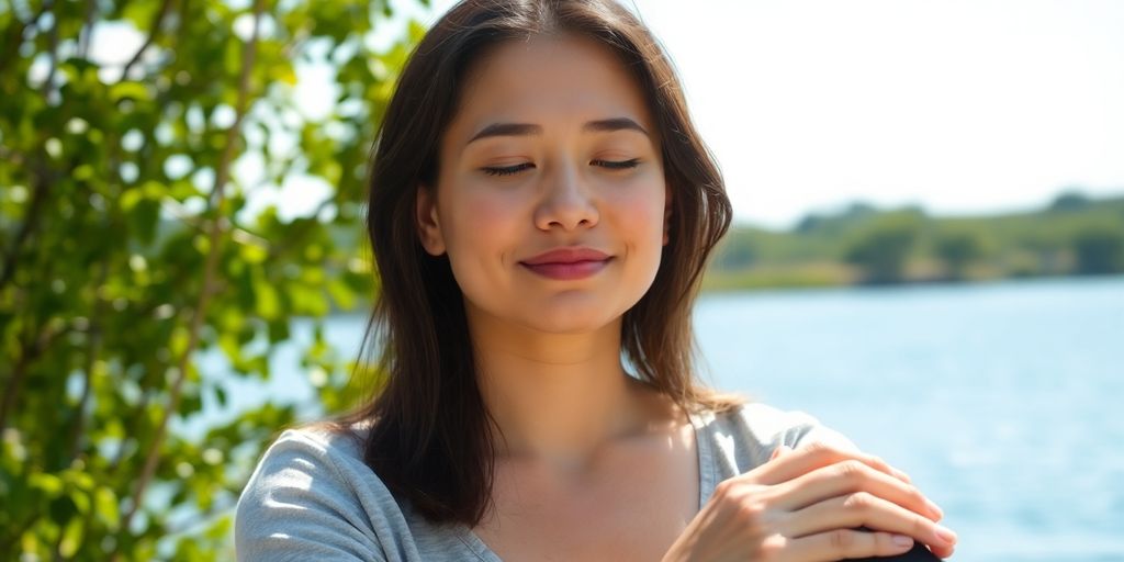Serene person meditating outdoors, calm expression.