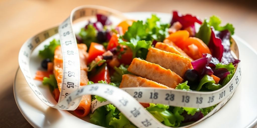 Healthy meal with measuring tape.
