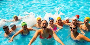People enjoying a water aerobics class.