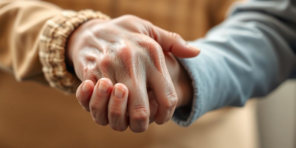 Elderly person holding hands with younger person.