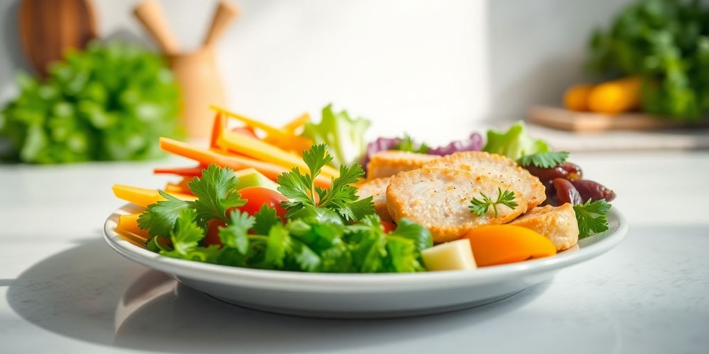Colorful, healthy food on a kitchen counter.