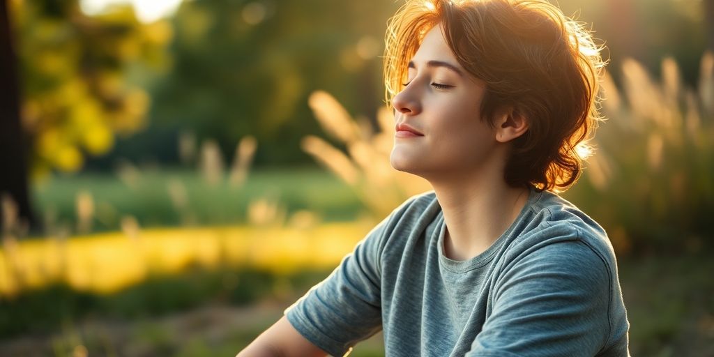 Person breathing deeply outdoors.