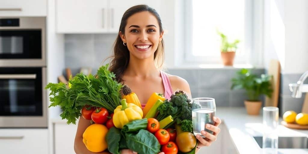 Person smiling, holding colorful vegetables in kitchen.