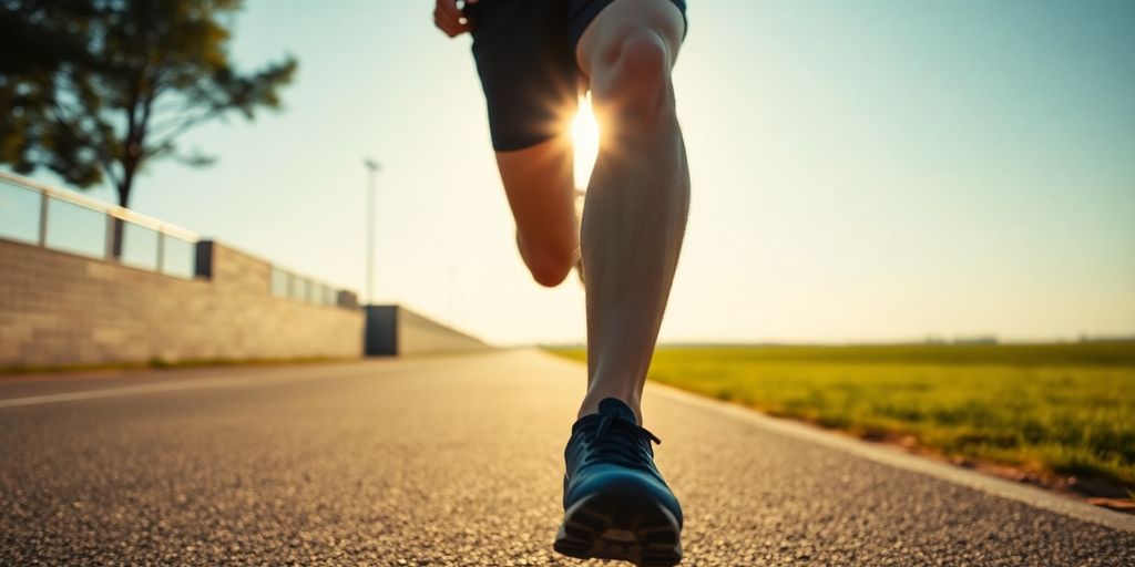 Person running on a path, sun shining.