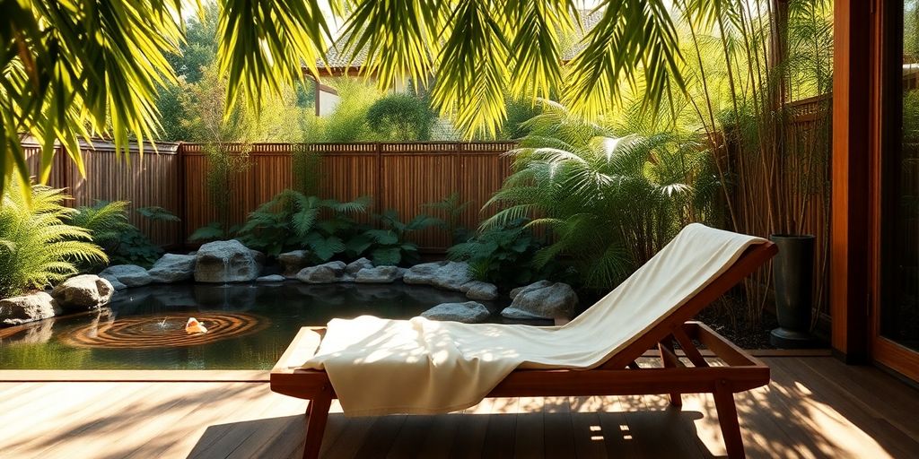 Sunlit wooden deck with lounge chair beside bubbling koi pond.