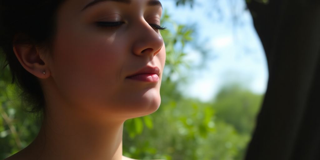 Person meditating peacefully in a calm, natural setting.
