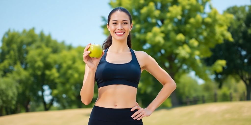 Healthy woman smiling, holding green apple, exercising outdoors.