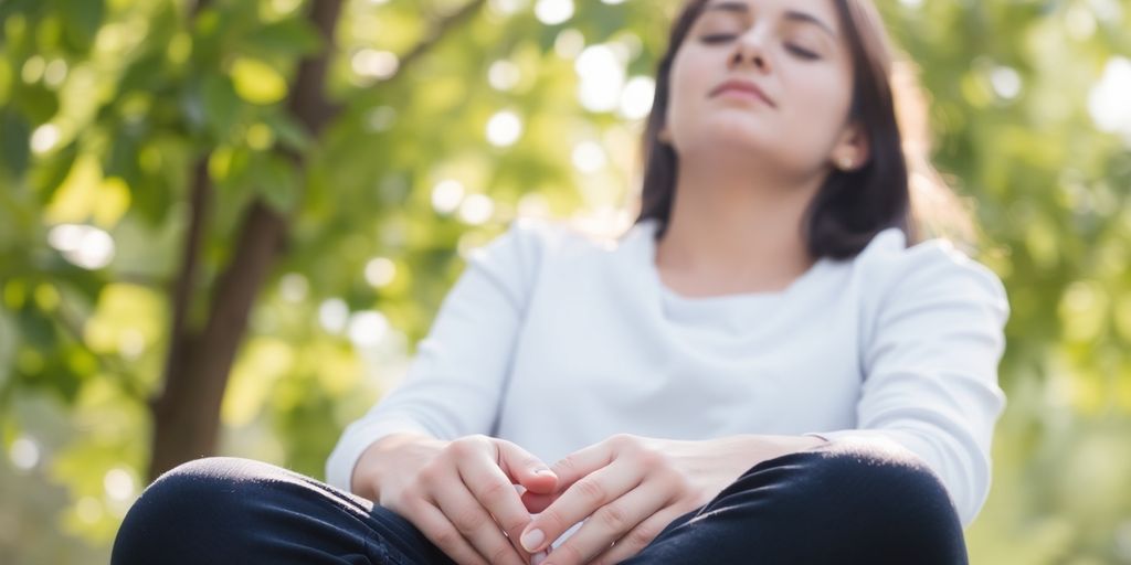Calm person meditating outdoors: peaceful, serene.