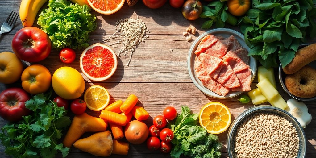 Table with healthy food choices, vibrant colors