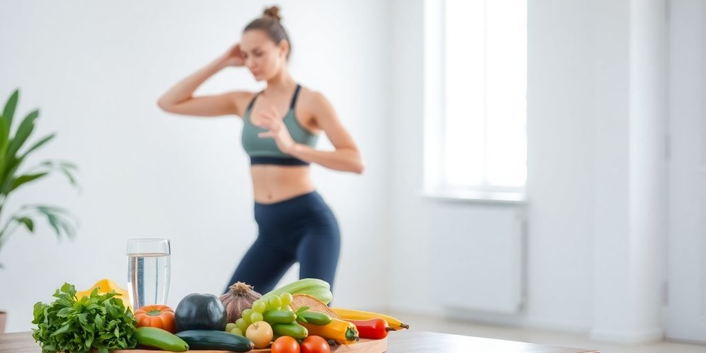Woman exercising with healthy food and water.