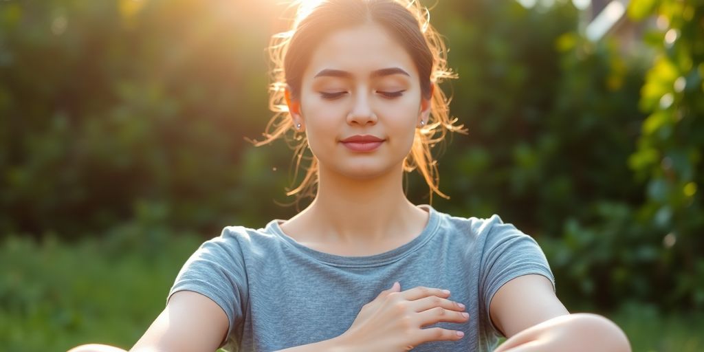 Person meditating peacefully outdoors.