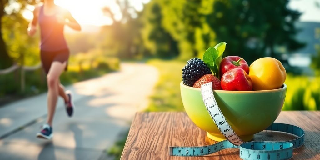 Person exercising, healthy food, weight loss concept