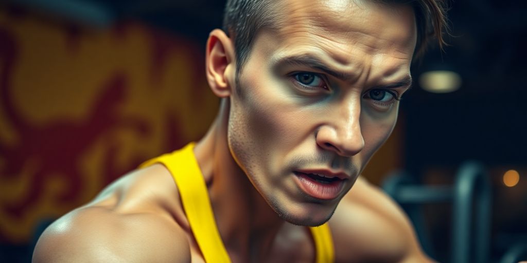 Person exercising, vibrant gym, dynamic pose, sweat, determination