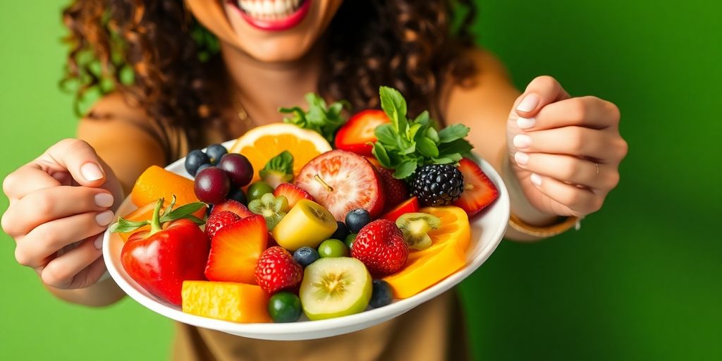 Person smiling with healthy food.