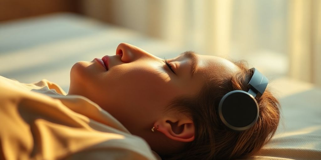 Person relaxing with headphones, soft light.