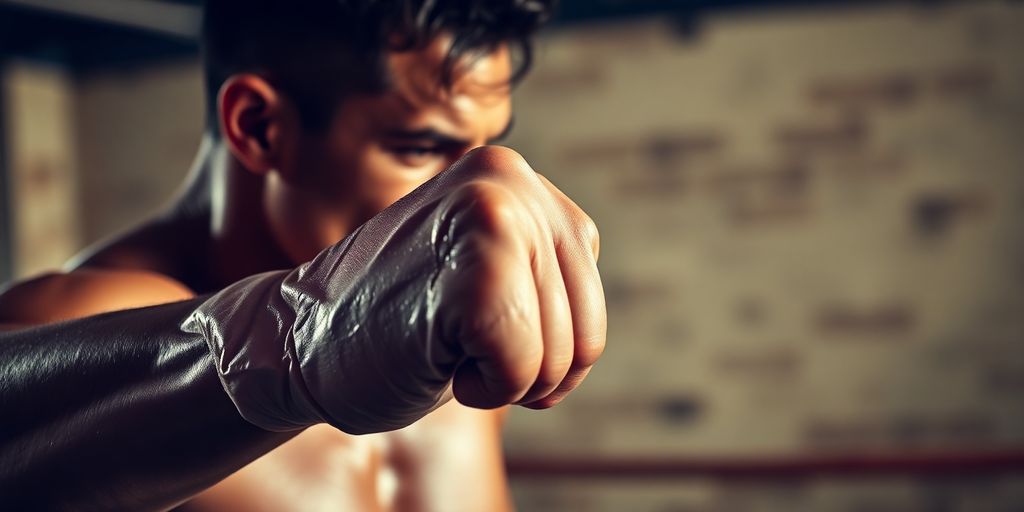 Person punching boxing bag with intensity.