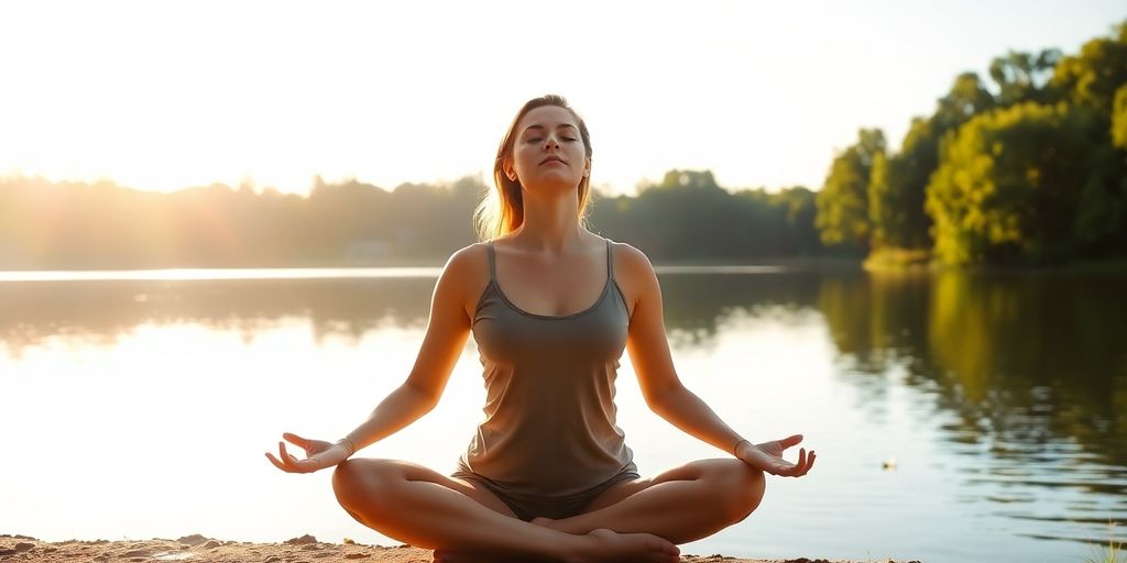 Woman meditating peacefully by a serene lake.